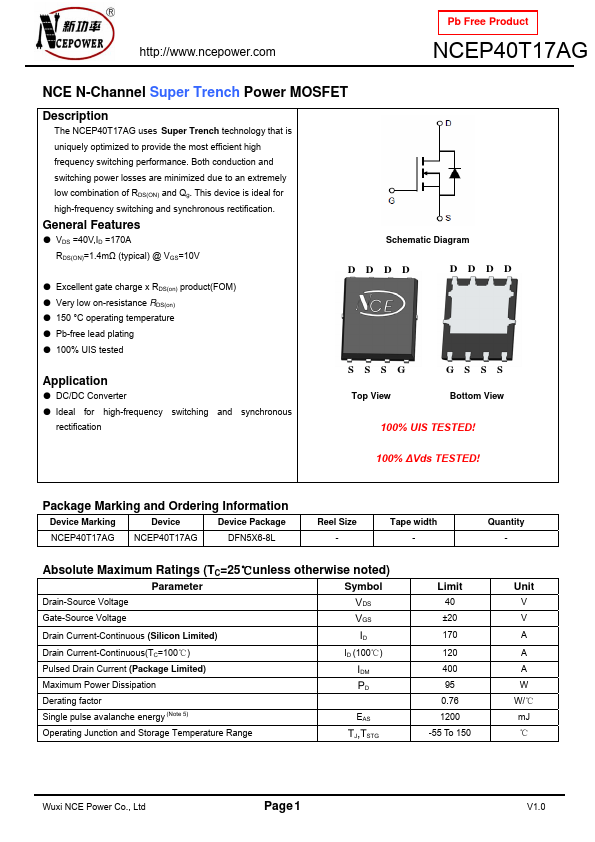 NCEP40T17AG NCE Power Semiconductor