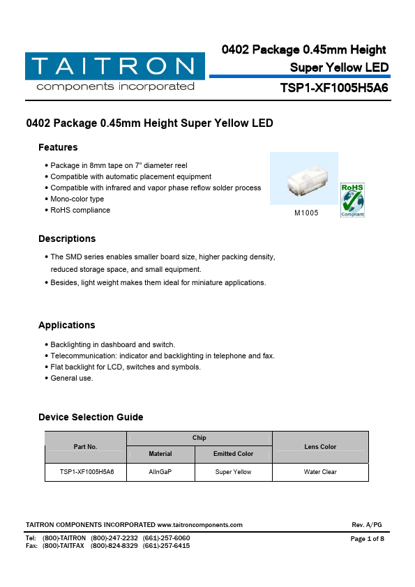 TSP1-XF1005H5A6 LED Datasheet pdf - Yellow LED. Equivalent, Catalog