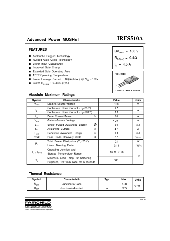 <?=IRFS510A?> डेटा पत्रक पीडीएफ