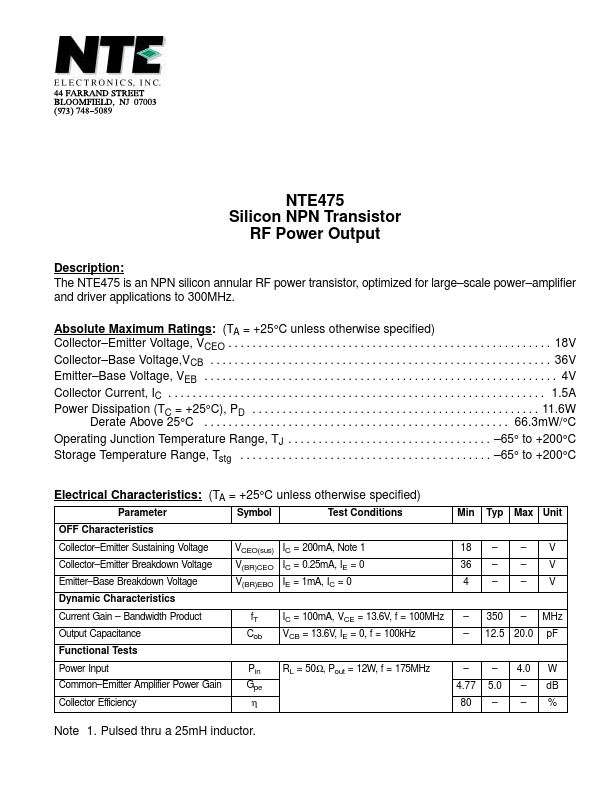 <?=NTE475?> डेटा पत्रक पीडीएफ