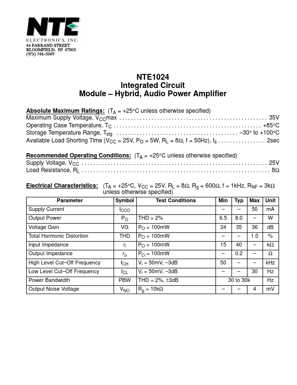 <?=NTE1024?> डेटा पत्रक पीडीएफ