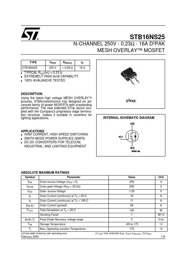 <?=STB16NS25?> डेटा पत्रक पीडीएफ