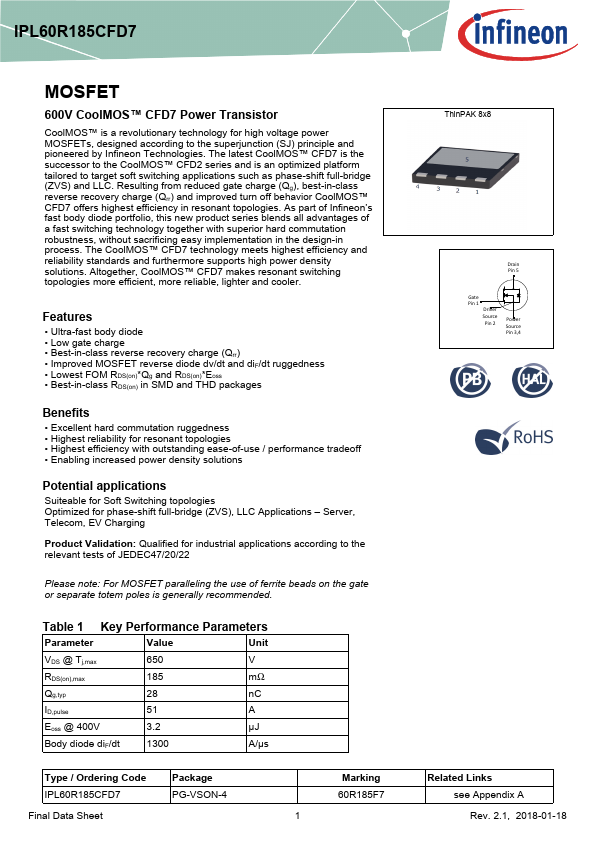 IPL60R185CFD7 Infineon