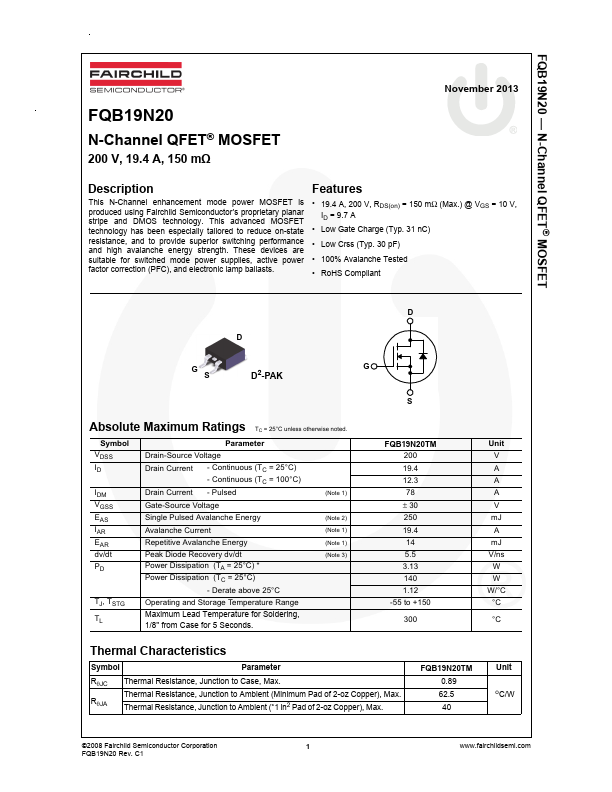 FQB19N20 Fairchild Semiconductor