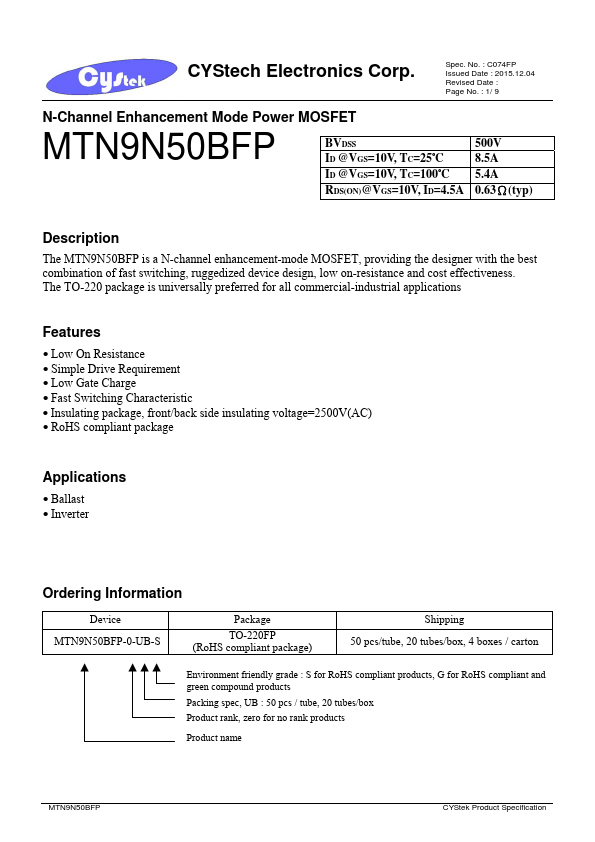 <?=MTN9N50BFP?> डेटा पत्रक पीडीएफ