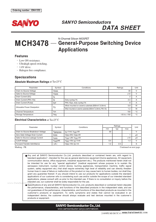 MCH3478 Sanyo Semicon Device