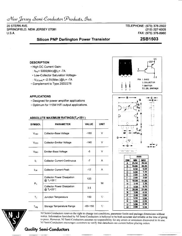 2SB1503 New Jersey Semi-Conductor