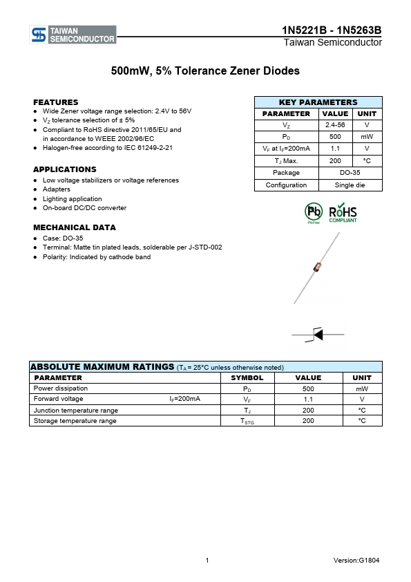 1N5252B Diodes Datasheet pdf - Zener Diodes. Equivalent, Catalog