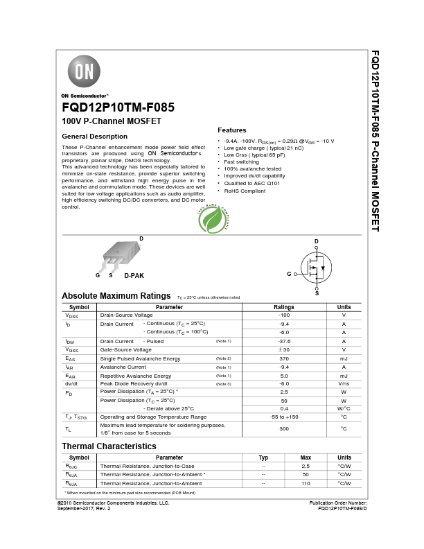 FQD12P10TM-F085 ON Semiconductor