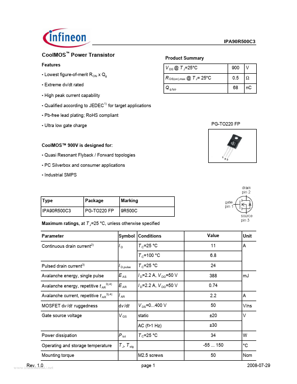 <?=IPA90R500C3?> डेटा पत्रक पीडीएफ