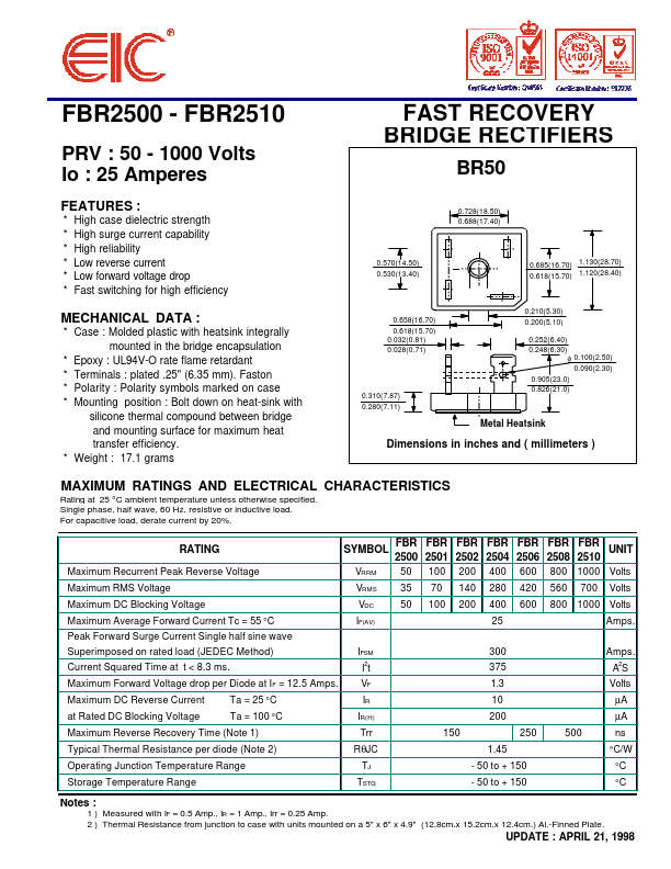 FBR2506 EIC discrete Semiconductors