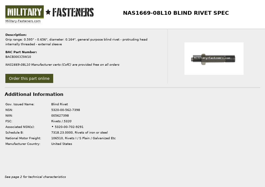NAS1669-08L10 Military Fasteners