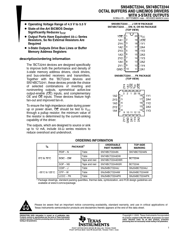 SNJ54BCT2244FK Texas Instruments