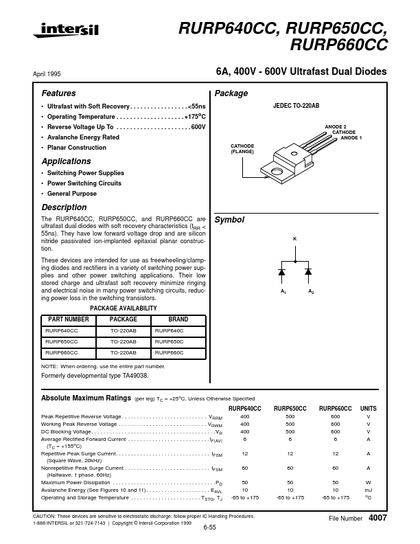 RURP640CC Intersil Corporation