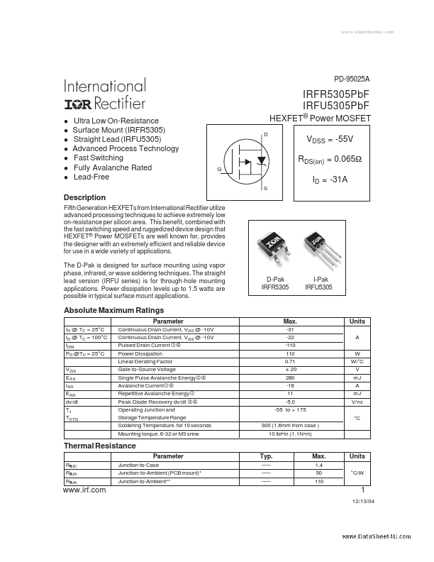 <?=IRFR5305PBF?> डेटा पत्रक पीडीएफ