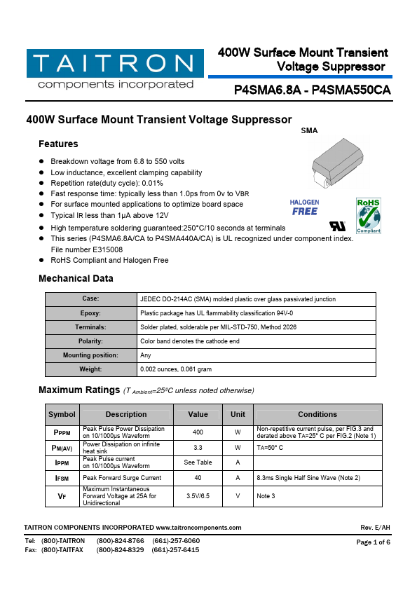 P4SMA18CA TAITRON