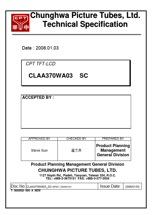 CLAA370WA03SC CHUNGHWA PICTURE TUBES