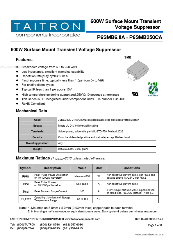 P6SMB9xCA TAITRON