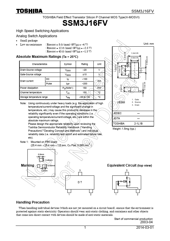 SSM3J16FV Toshiba Semiconductor