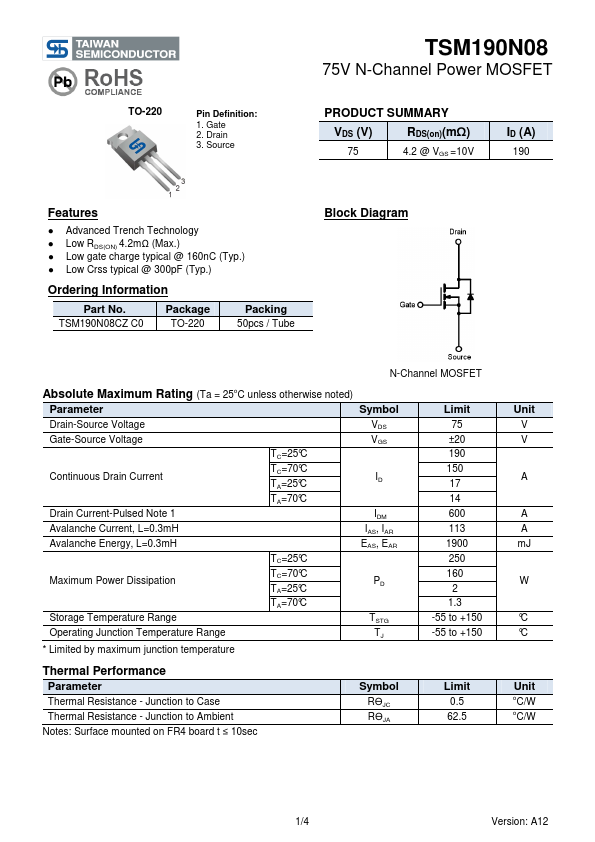 <?=TSM190N08?> डेटा पत्रक पीडीएफ