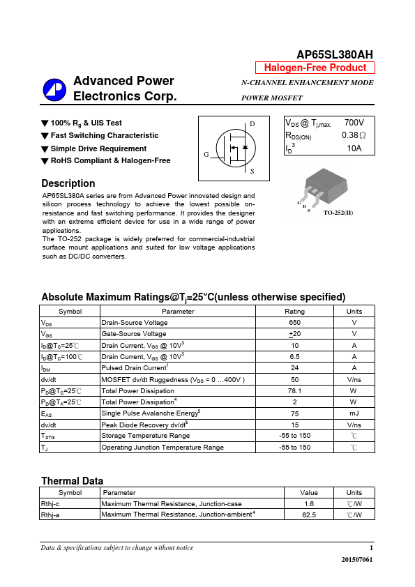 AP65SL380AH Advanced Power Electronics