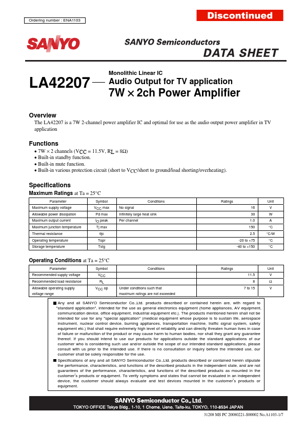 <?=LA42207?> डेटा पत्रक पीडीएफ