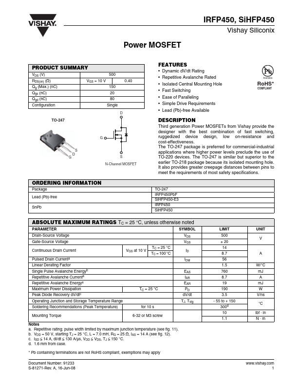 SIHFP450 Vishay Siliconix