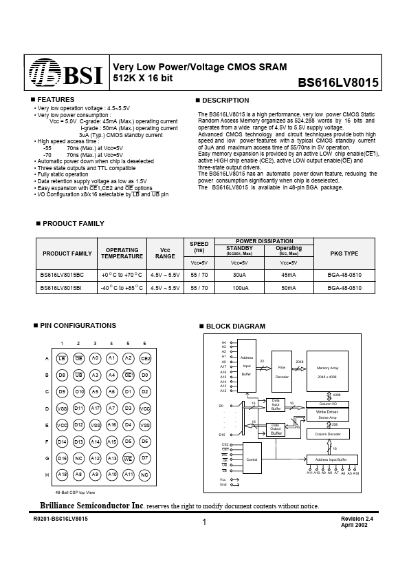 BS616LV8015 Brilliance Semiconductor