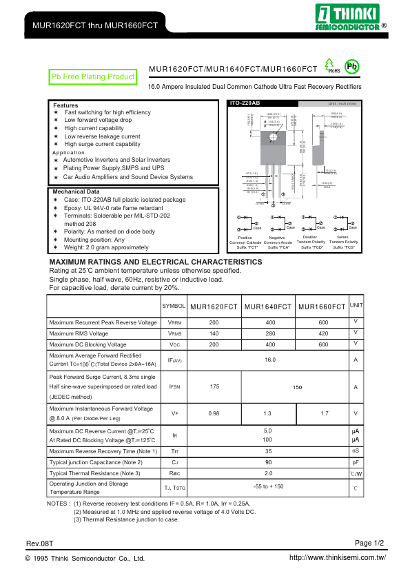 MUR1620FCT Thinki Semiconductor