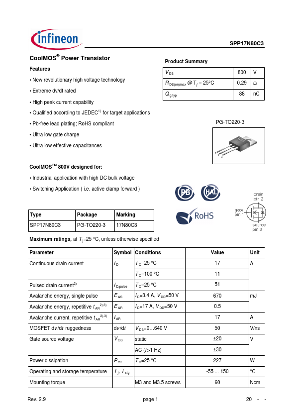 17N80C3 Infineon Technologies