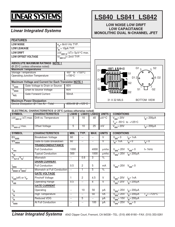 LS842 Linear Integrated Systems