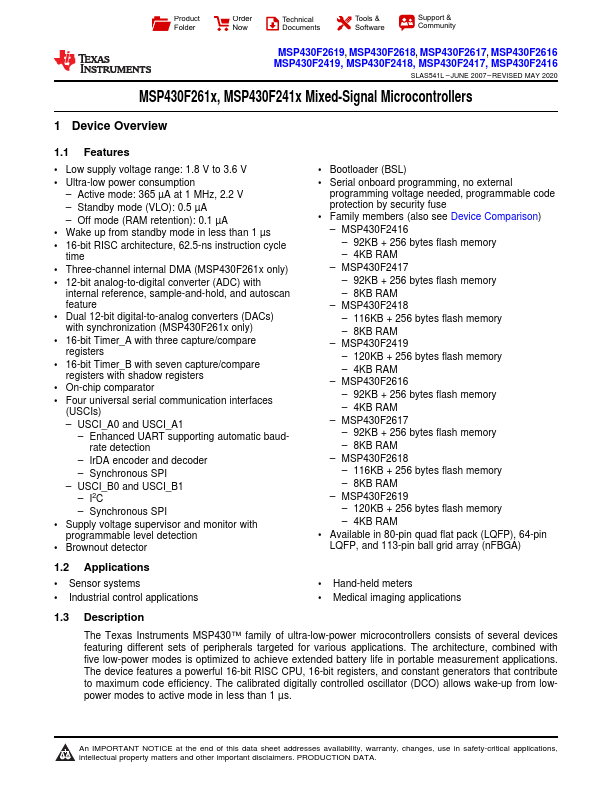 <?=MSP430F2619?> डेटा पत्रक पीडीएफ