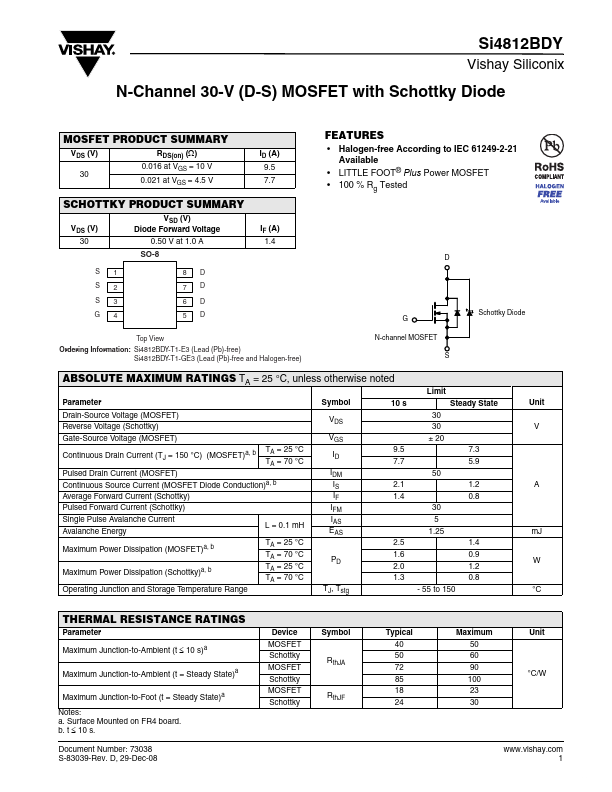 Si4825DY datasheet - P-channel 30-V (D-S) MOSFET