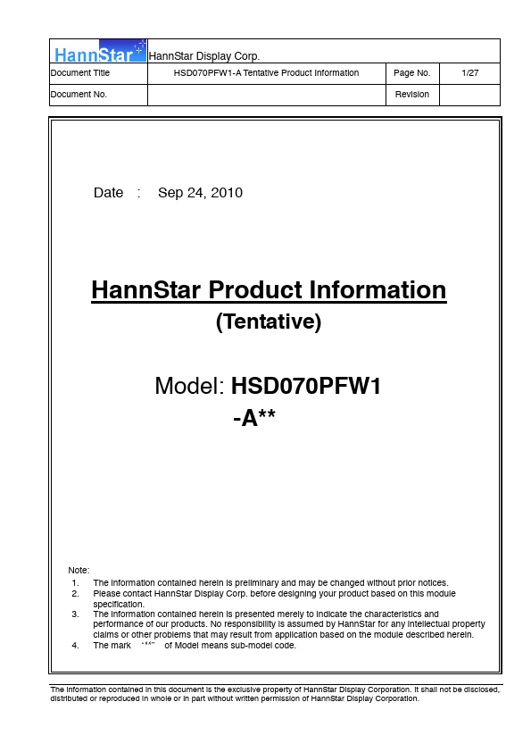 <?=HSD070PFW1-A?> डेटा पत्रक पीडीएफ