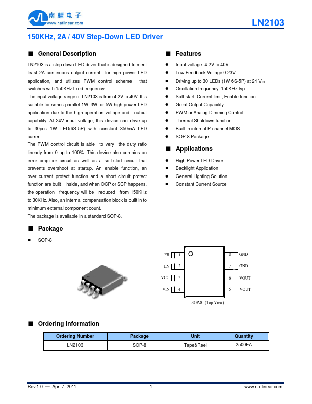 LN2103 Driver Datasheet pdf - LED Driver. Equivalent, Catalog