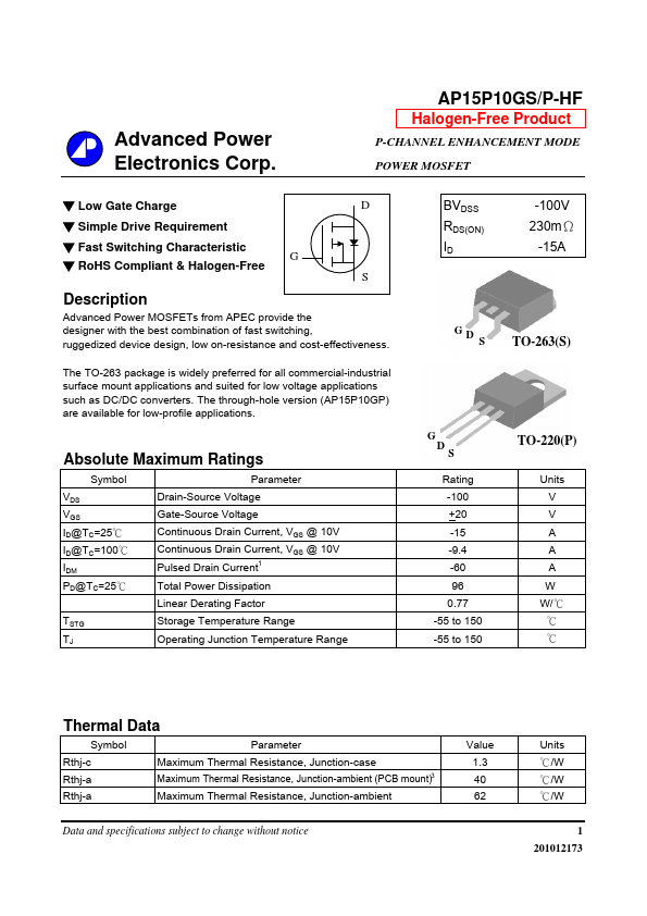AP15P10GS-HF Advanced Power Electronics