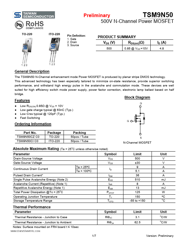 <?=TSM9N50?> डेटा पत्रक पीडीएफ