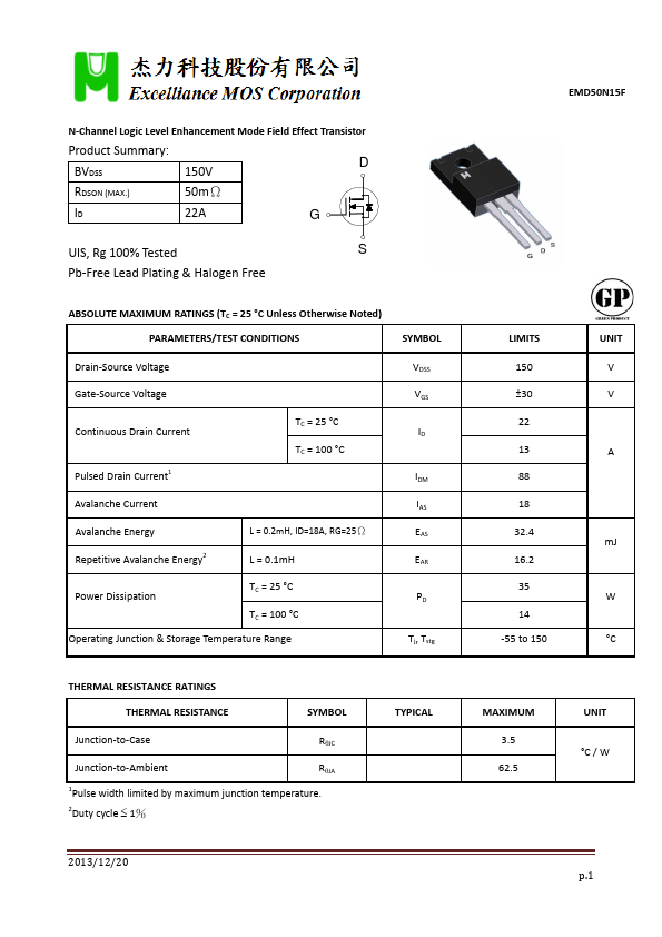 EMD50N15F Excelliance MOS