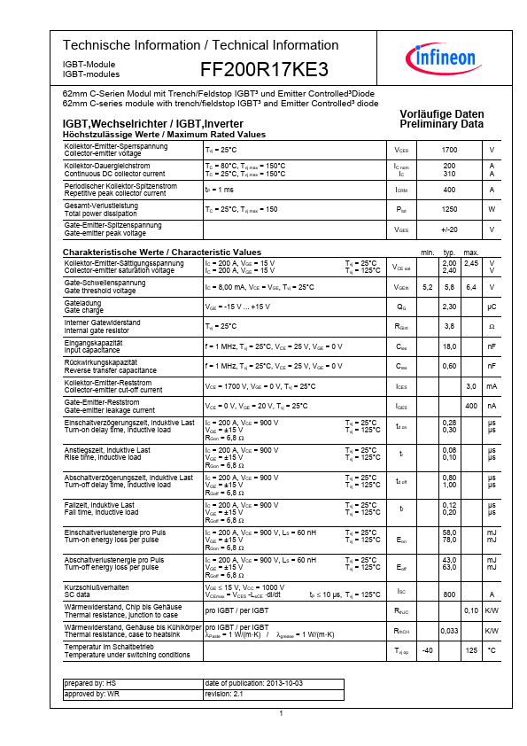 FF200R17KE3 Infineon