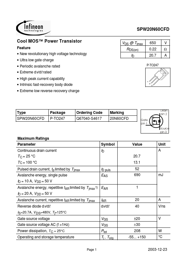 SPW20N60CFD Infineon Technologies