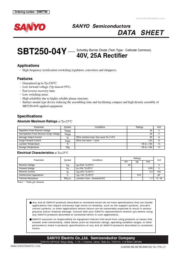 SBT250-04Y Sanyo Semicon Device