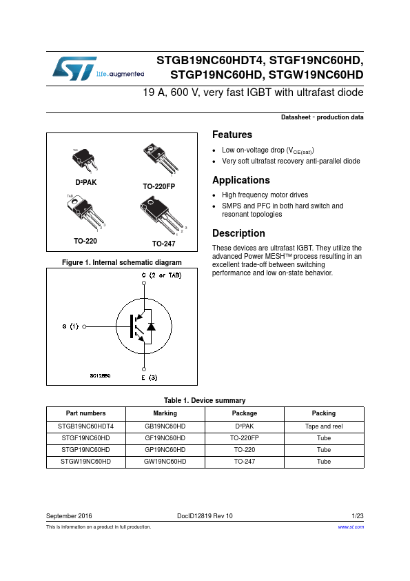 STGB19NC60HDT4 STMicroelectronics