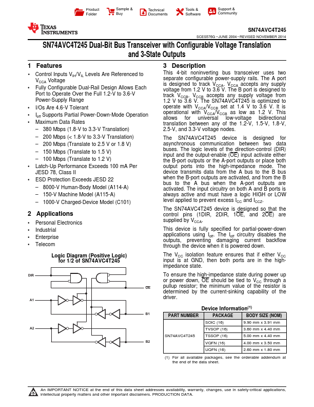 <?=SN74AVC4T245?> डेटा पत्रक पीडीएफ