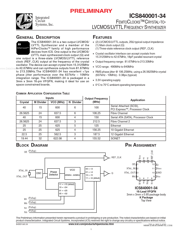 ICS840001-34 Integrated Circuit Systems