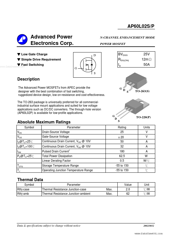 AP60L02S Advanced Power Electronics