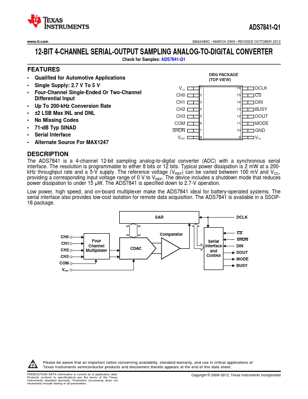 <?=ADS7841-Q1?> डेटा पत्रक पीडीएफ