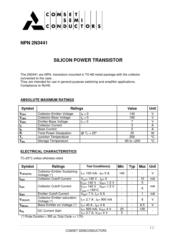 2N3441 Comset Semiconductor