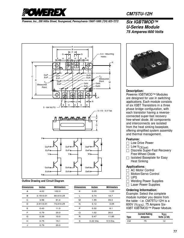 CM75TU-12H Powerex Power Semiconductors