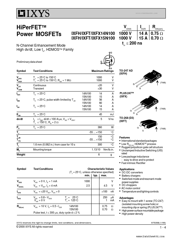<?=IXFX15N100?> डेटा पत्रक पीडीएफ