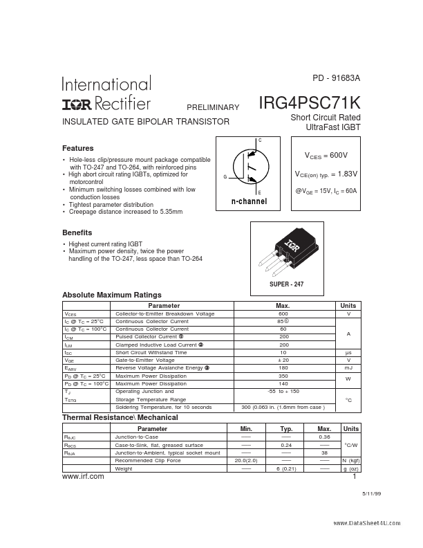 <?=IRG4PSC71K?> डेटा पत्रक पीडीएफ